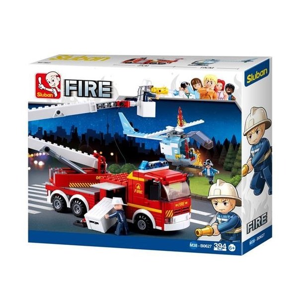 Sluban Sluban 627  Fire Truck w/ Cherry Picker Arm + Helicopter Building Brick Kit (394 Pcs) 627